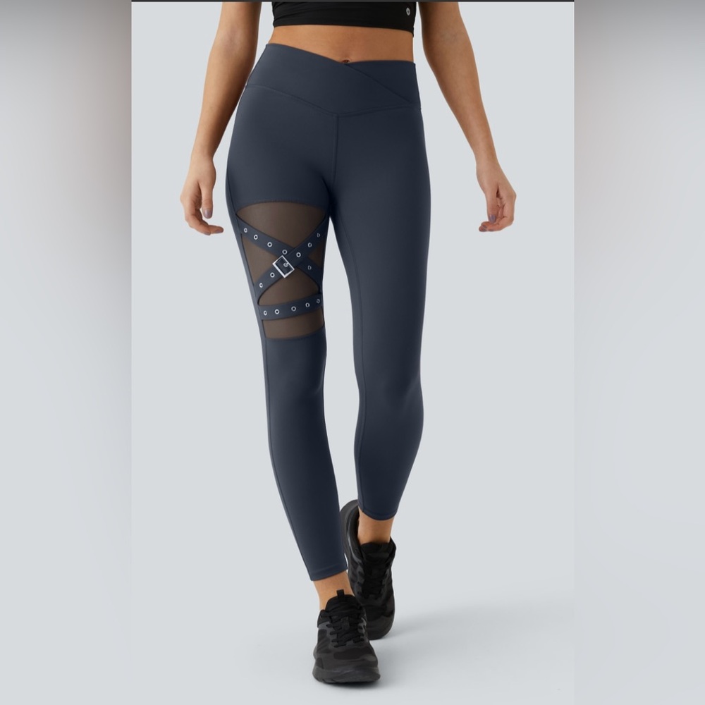 HALARA High Waisted Crossover Contrast Mesh Decorative Buckle Yoga Leggings